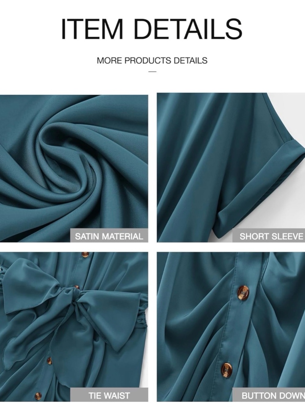 Satin Button-Front Midi Dress with Waist Tie - Seafoam - Picture 5 of 7